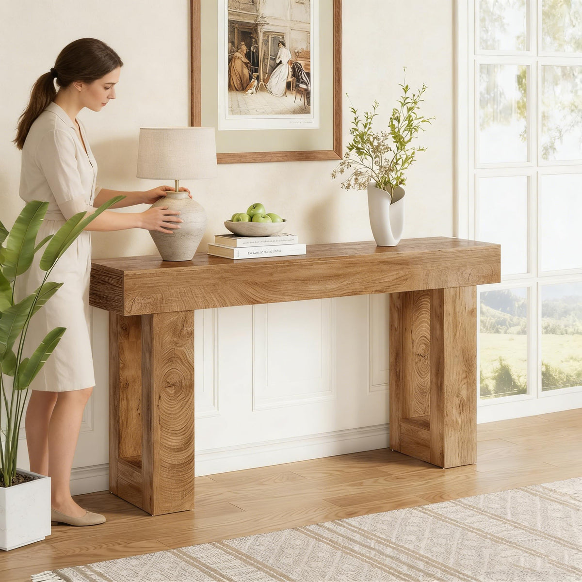 63 Inches Oak Color Wooden Console Table D63943