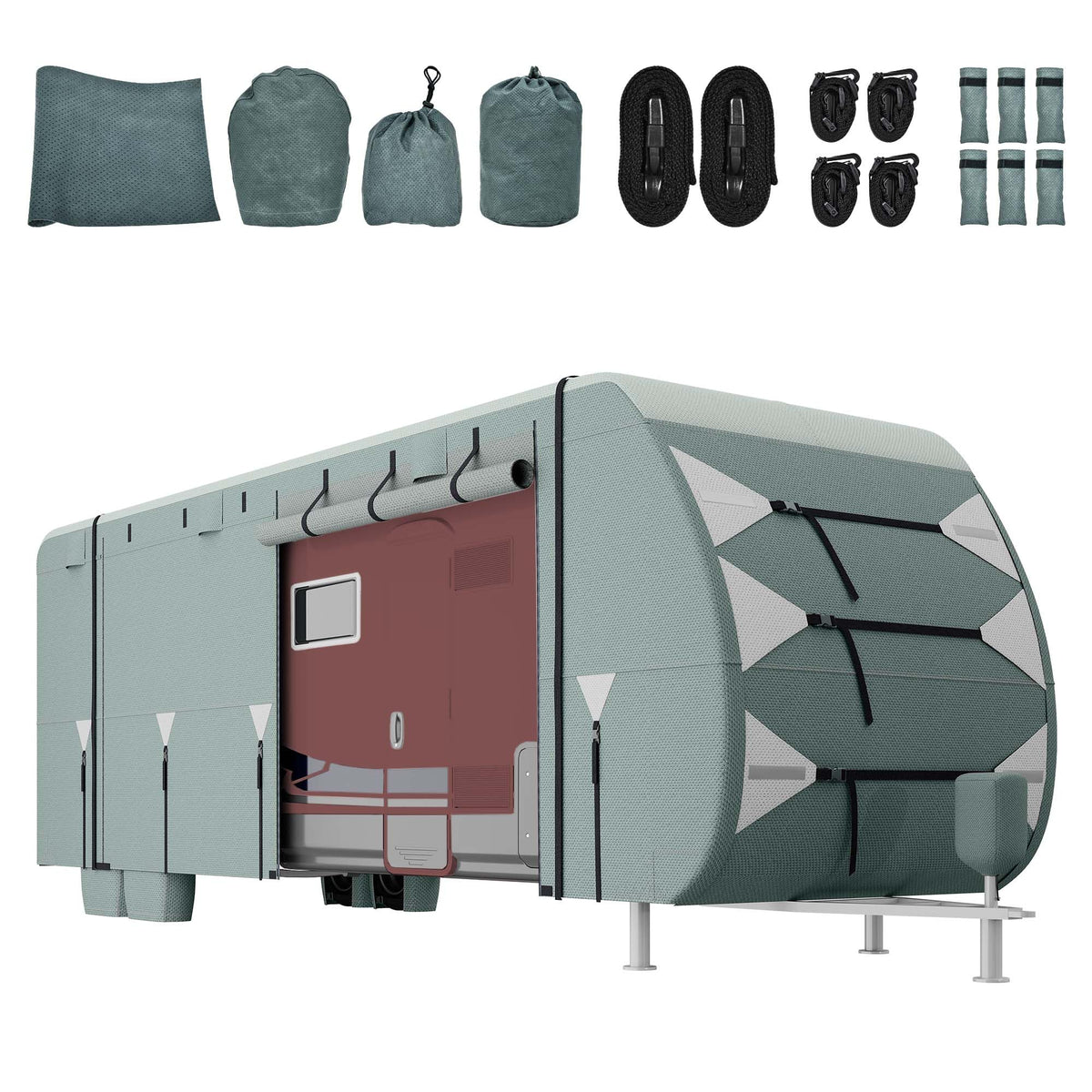 24-27FT Waterproof 7-Layer Camper Cover with Tongue Jack Cover, Tire Covers, Gutter Covers I291177