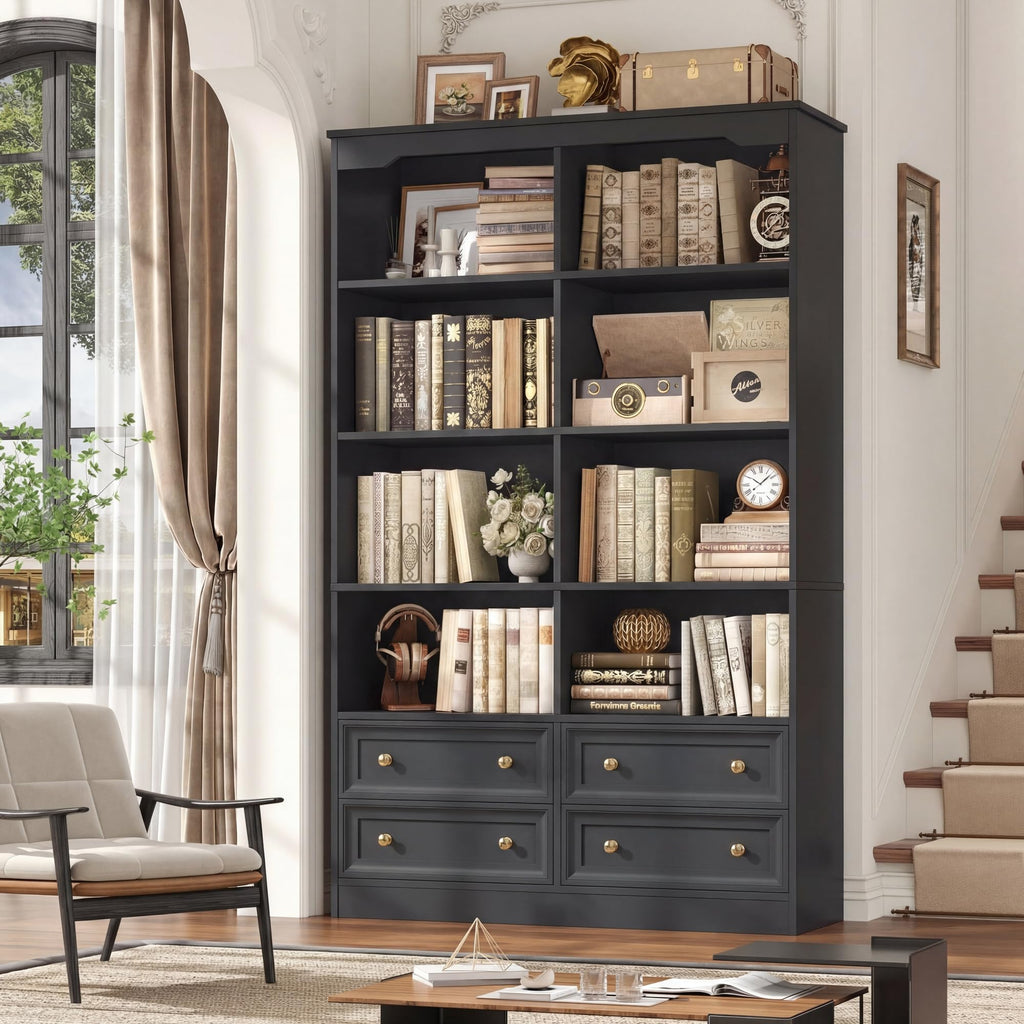 71" Tall Black Bookshelf with 4 Drawers H206