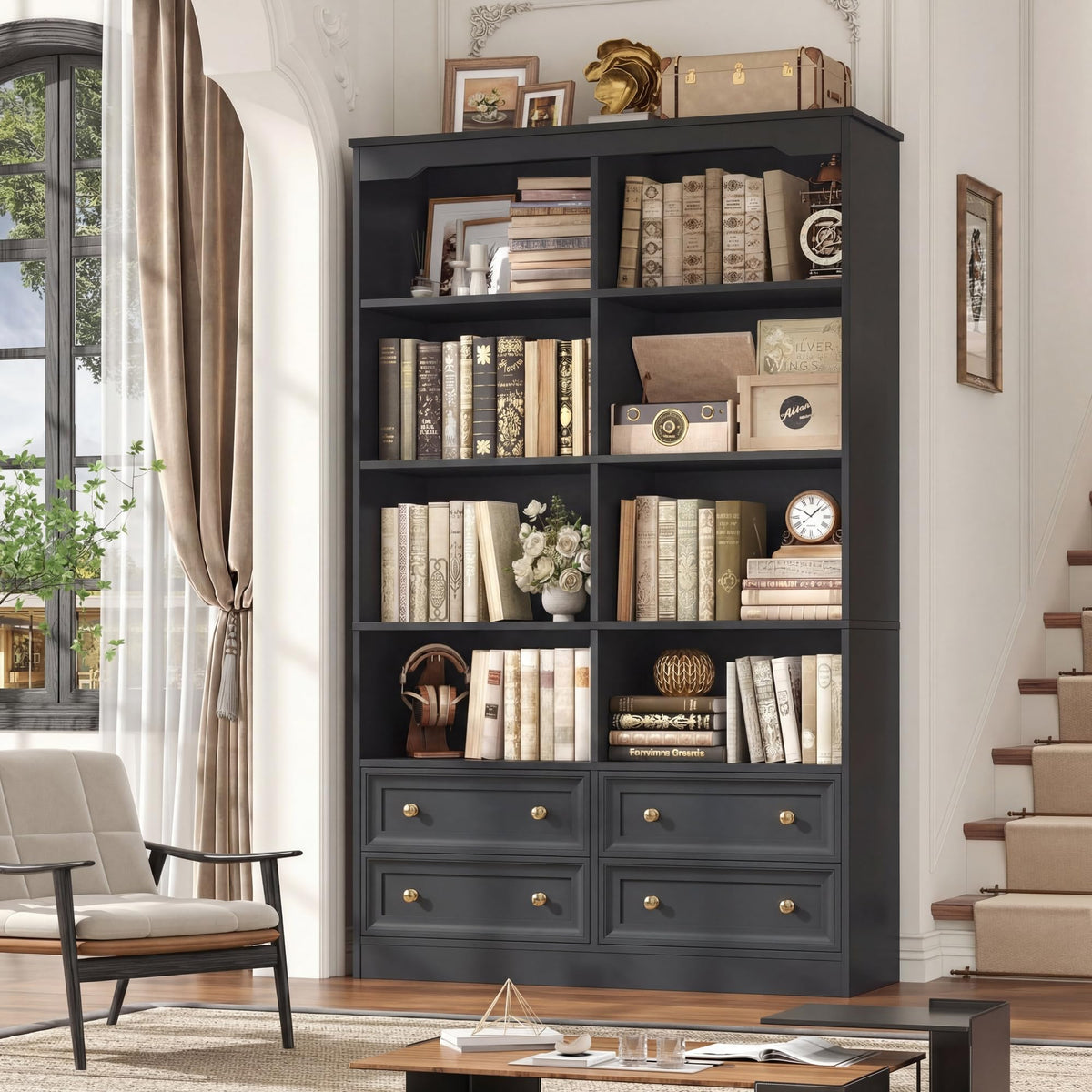 71" Tall Black Bookshelf with 4 Drawers H206
