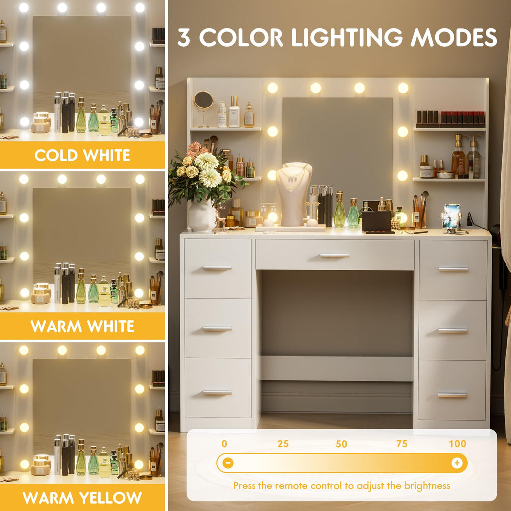 White Vanity Desk with Lighted Mirror and 7 Drawers R22547