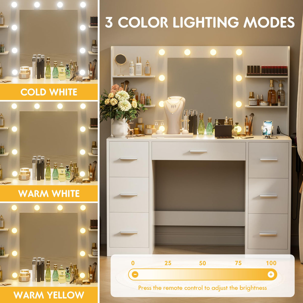 White Vanity Desk with Lighted Mirror and 7 Drawers R22547