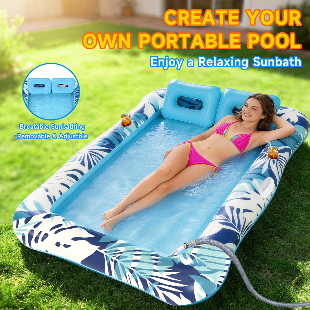 75"x64" XXL Inflatable Tanning Pool Lounger Float with Pillow Blue E5744