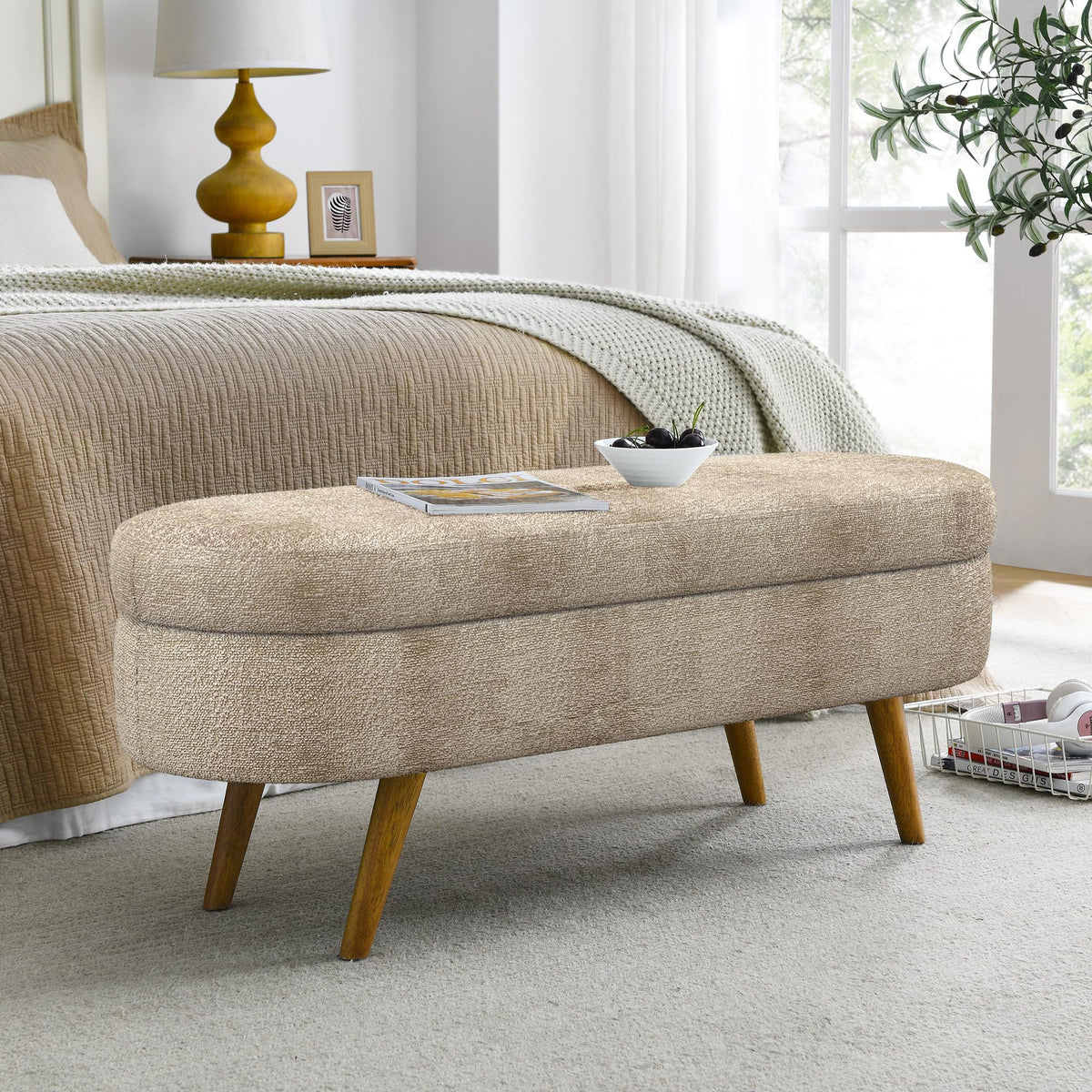 Oval Storage Bench with Rubber Wood Legs, Gray L2096