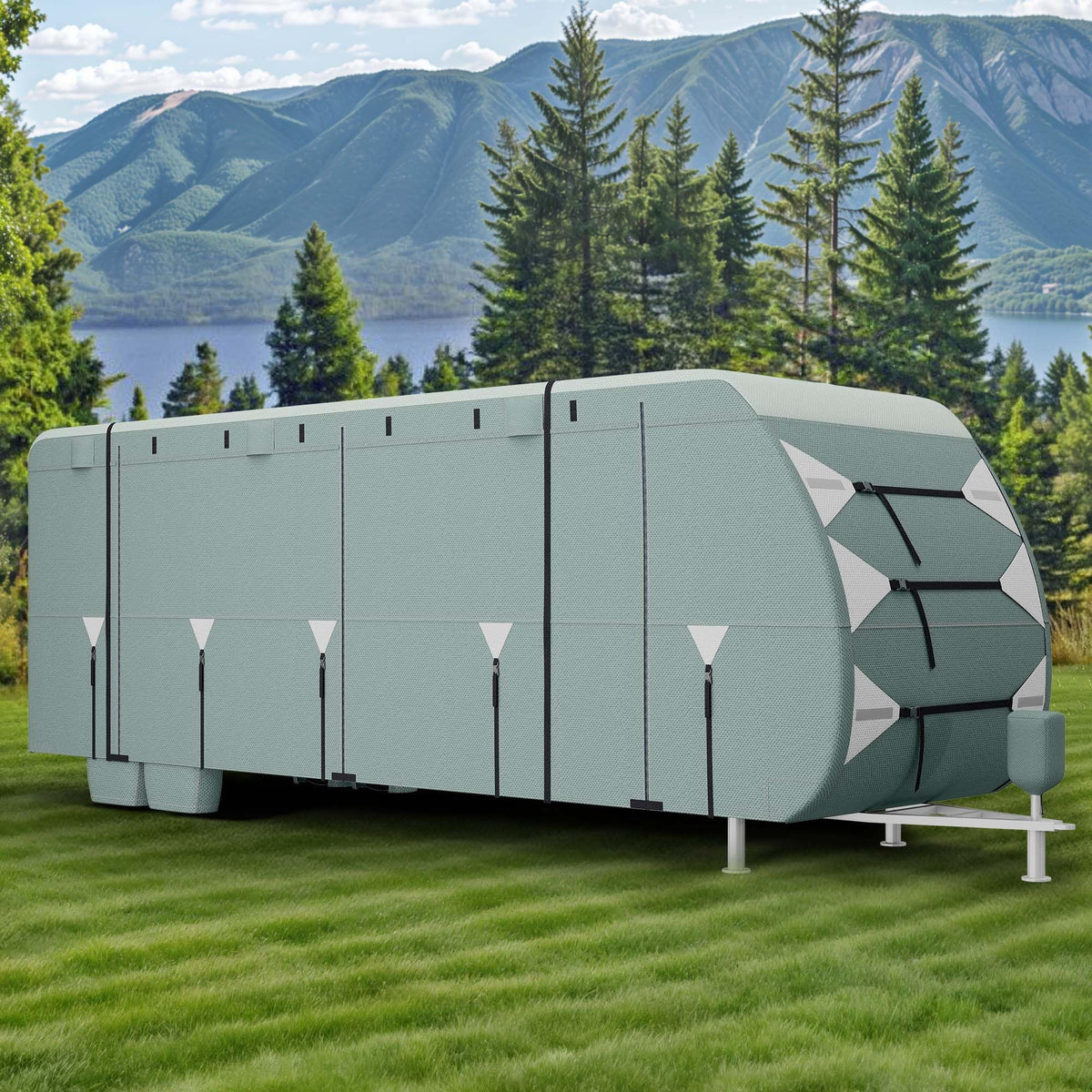24-27FT Waterproof 7-Layer Camper Cover with Tongue Jack Cover, Tire Covers, Gutter Covers I291177
