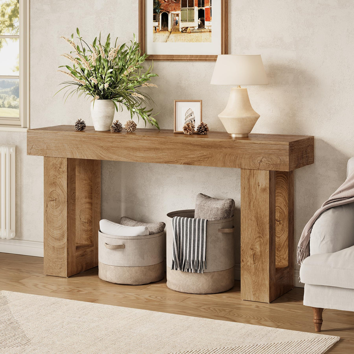 63 Inches Oak Color Wooden Console Table D63943
