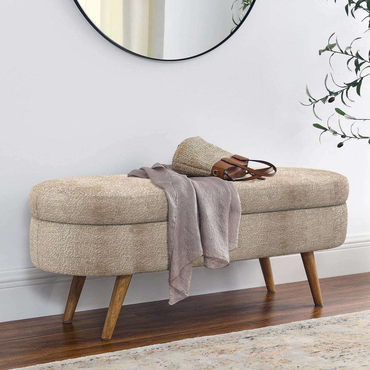 Oval Storage Bench with Rubber Wood Legs, Gray L2096