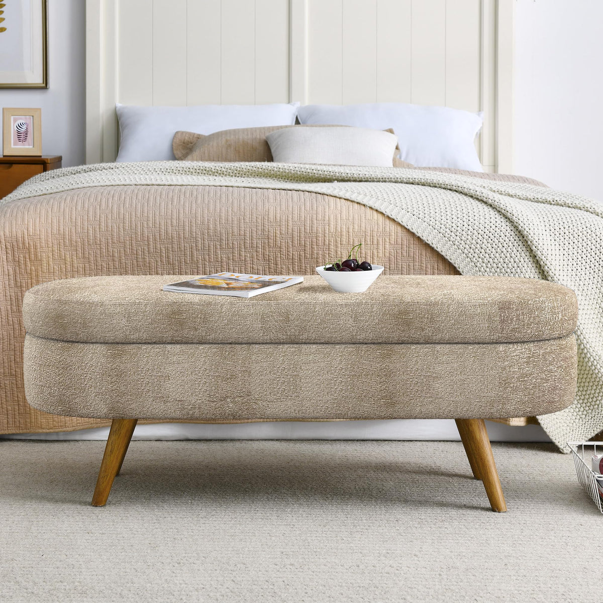 Oval Storage Bench with Rubber Wood Legs, Gray L2096