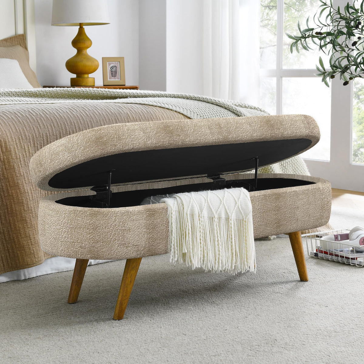 Oval Storage Bench with Rubber Wood Legs, Gray L2096