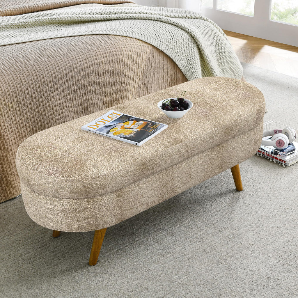 Oval Storage Bench with Rubber Wood Legs, Gray L2096
